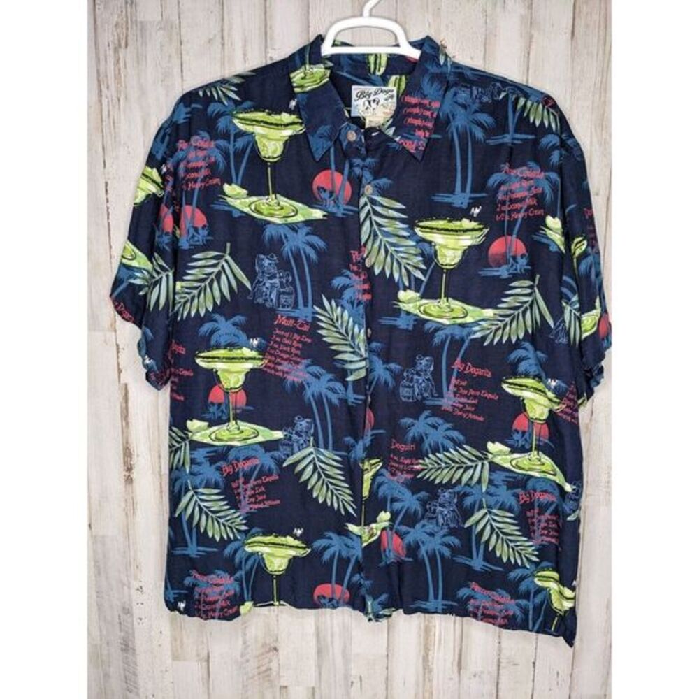 Big Dogs Hawaiian Shirt Men's Sz XL‎ S/S Button Up Drink Recipes Linen Rayon